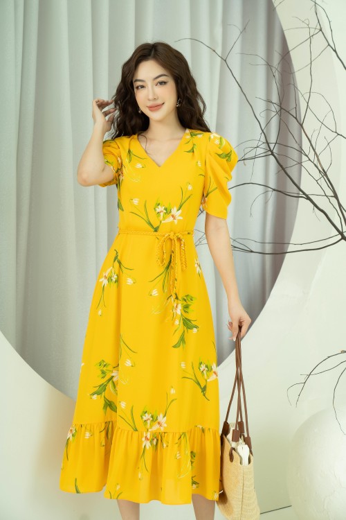 Sixdo Yellow Floral Midi Chiffon Dress